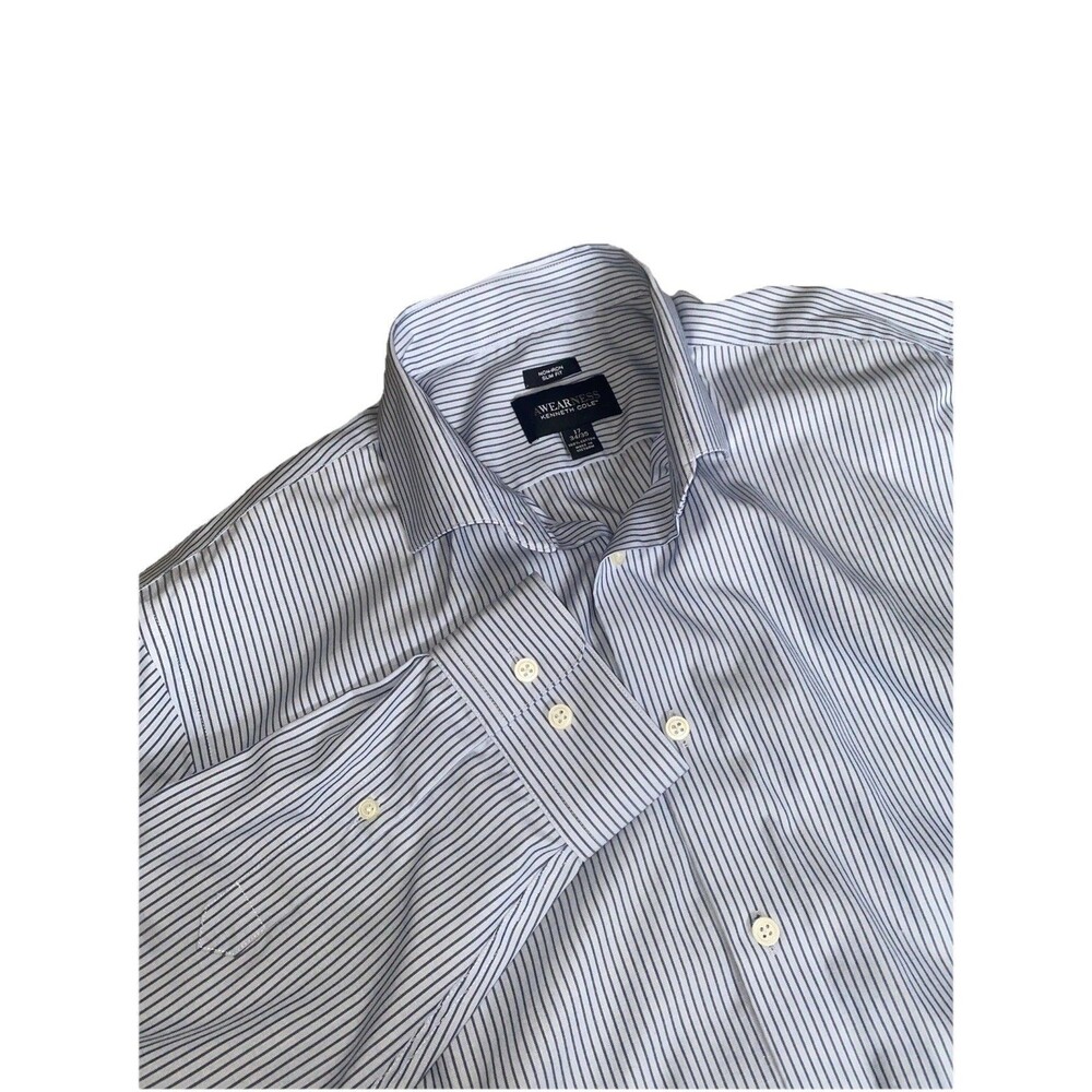 Kenneth Cole Awearness Men’s Dress Shirt 17 34/35 Blue Striped Slim Fit Non-Iron